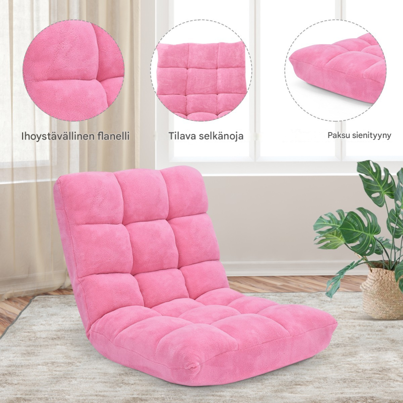 Beige säädettävä lattiatuoli selkänojalla ja koralliflanellilla