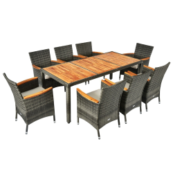 9-osainen harmaa patio-ruokailusetti akaasiapuusta ja rottingista