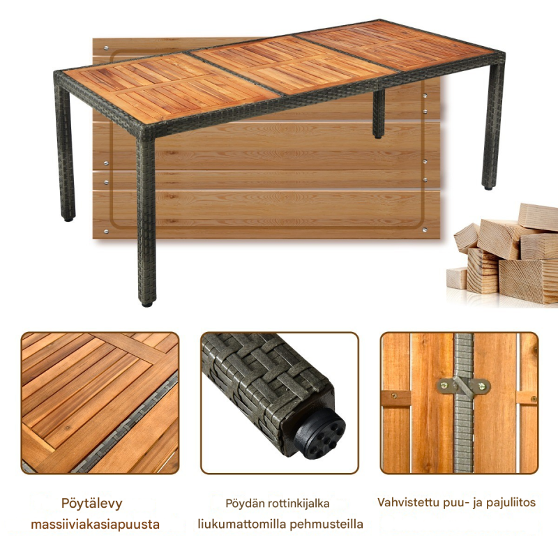 9-osainen harmaa patio-ruokailusetti akaasiapuusta ja rottingista