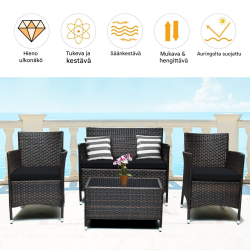 Neliosainen harmaa ulkoterassikalustesetti pehmusteilla ja lasipöydällä