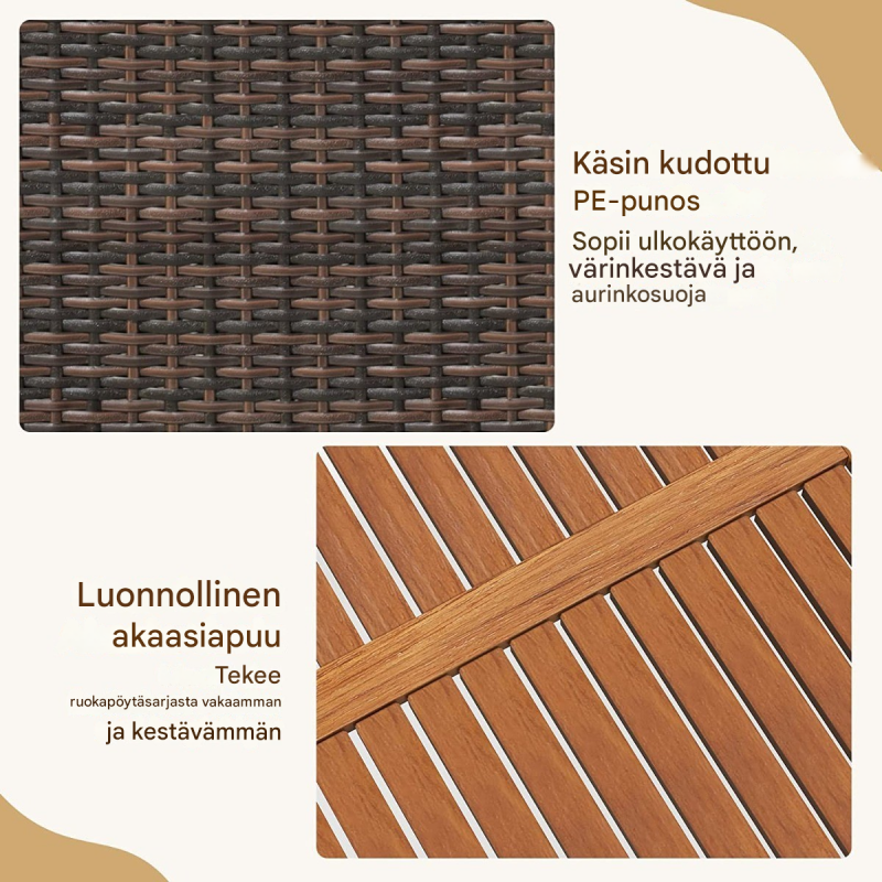 7-osainen ruskea akasiapuu ruokailuryhmä ulkokäyttöön pinottavilla tuoleilla