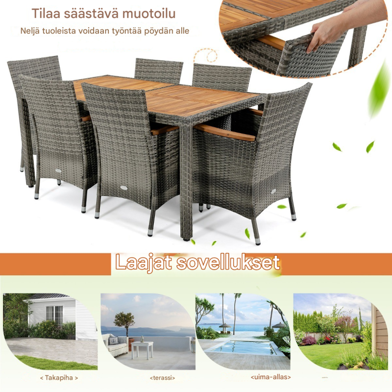 7-osainen harmaa terassikalustesetti akaasiapöydällä ulkokäyttöön