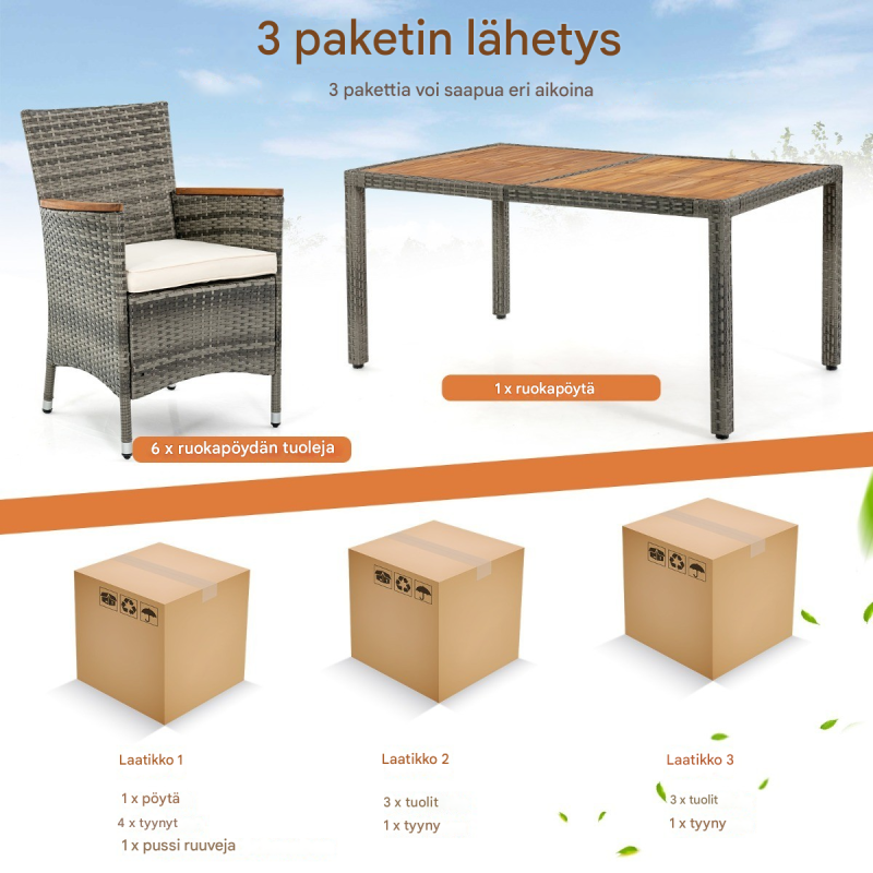 7-osainen harmaa terassikalustesetti akaasiapöydällä ulkokäyttöön