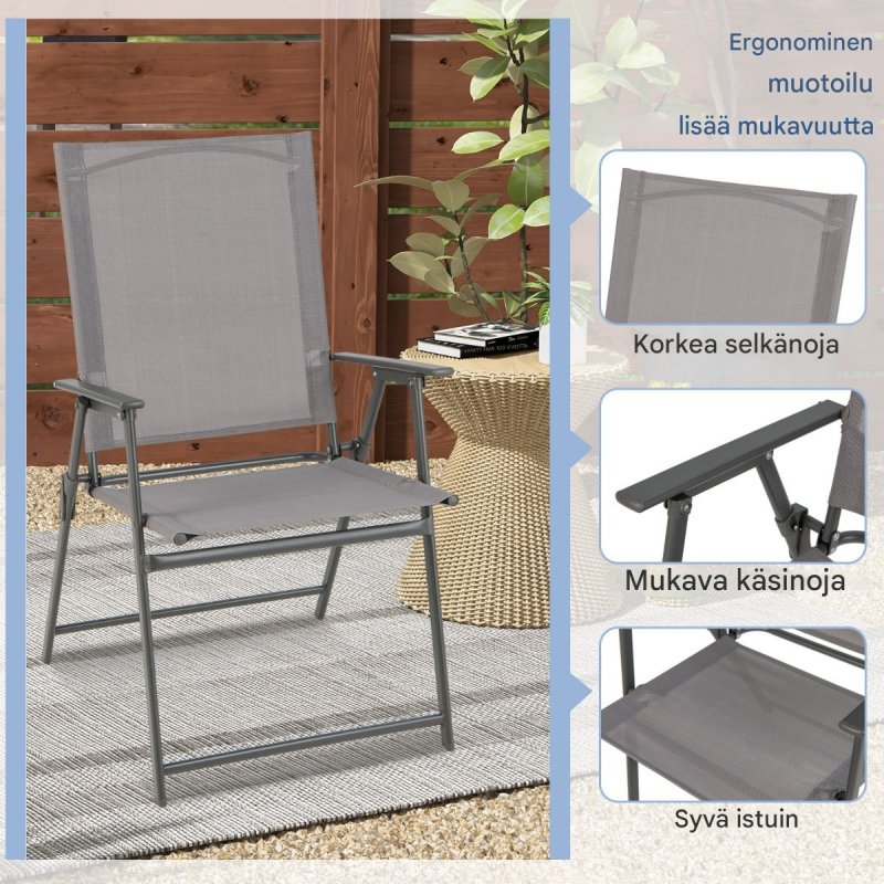 Neljä kpl harmaa terassituolisetti korkealla selkänojalla