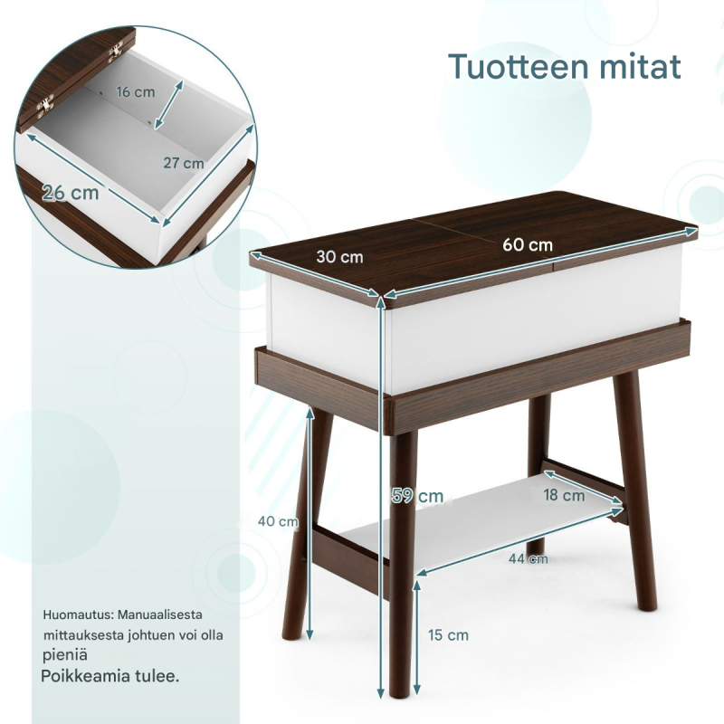 Kokoontaitettava sohvapöytä, ruskea, piilotettu säilytystila, minimalistinen muotoilu