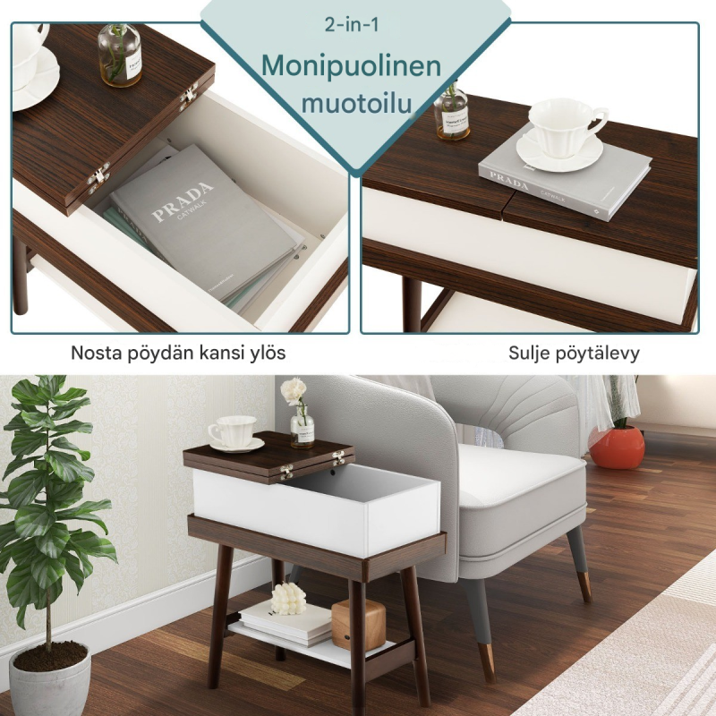 Kokoontaitettava sohvapöytä, ruskea, piilotettu säilytystila, minimalistinen muotoilu