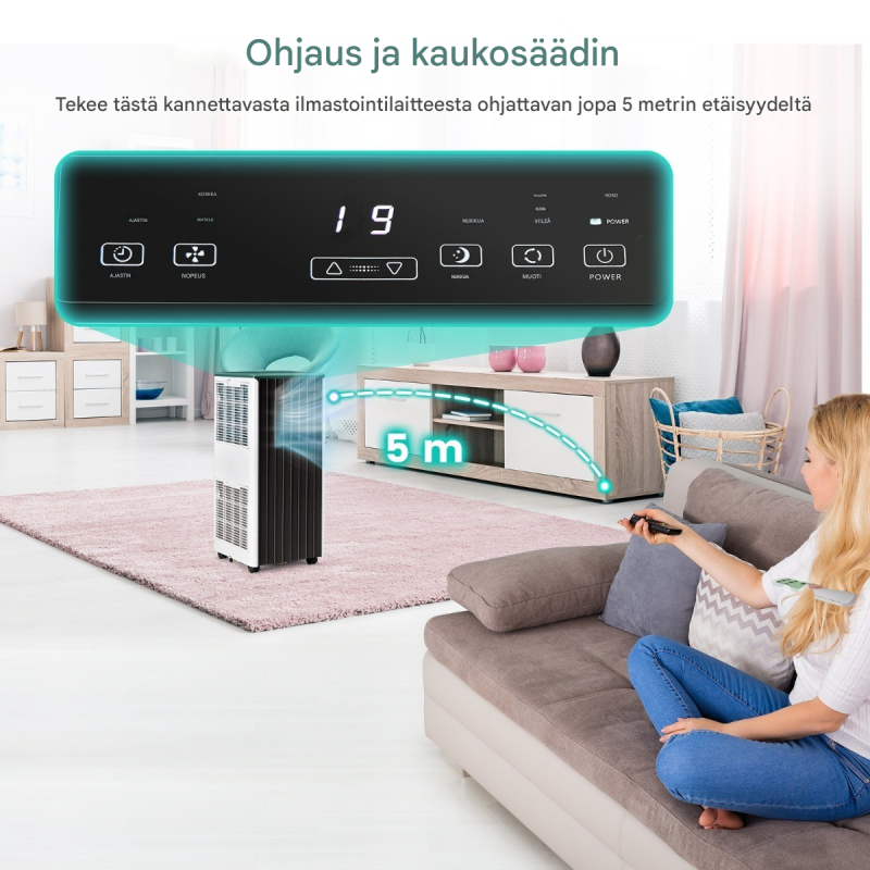 Monitoiminen kannettava ilmastointilaite kaukosäätimellä ja sovellustuella