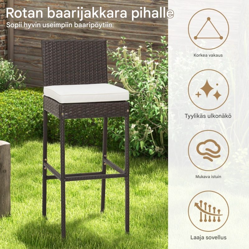 Kaksi ruskeaa rottinkista baarijakkaraa pehmusteilla ulkokäyttöön