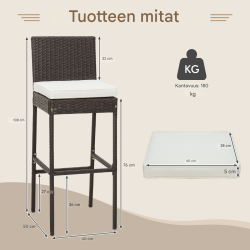 Kaksi ruskeaa rottinkista baarijakkaraa pehmusteilla ulkokäyttöön