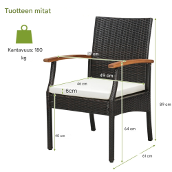 Kahden kappaleen ruskea rottinkituolisarja pehmeillä tyynyillä ulkokäyttöön