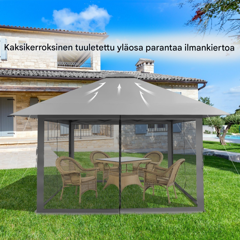 4x4 m harmaa puutarhapaviljonki UV-suojalla ja verkkoseinillä