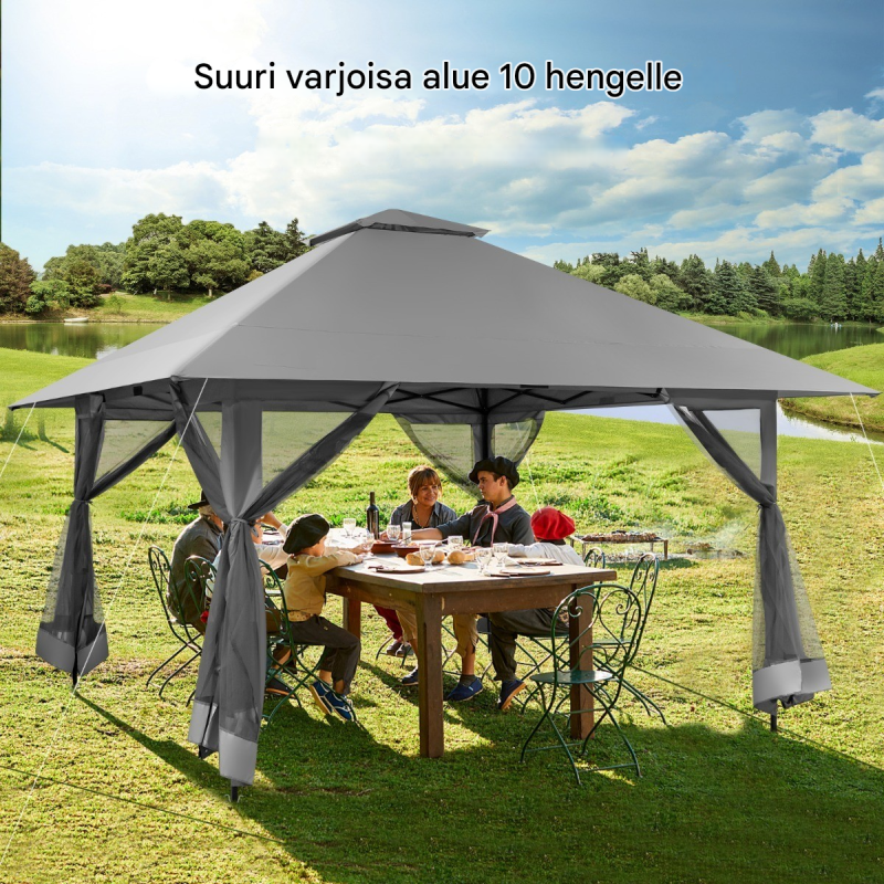 4x4 m harmaa puutarhapaviljonki UV-suojalla ja verkkoseinillä