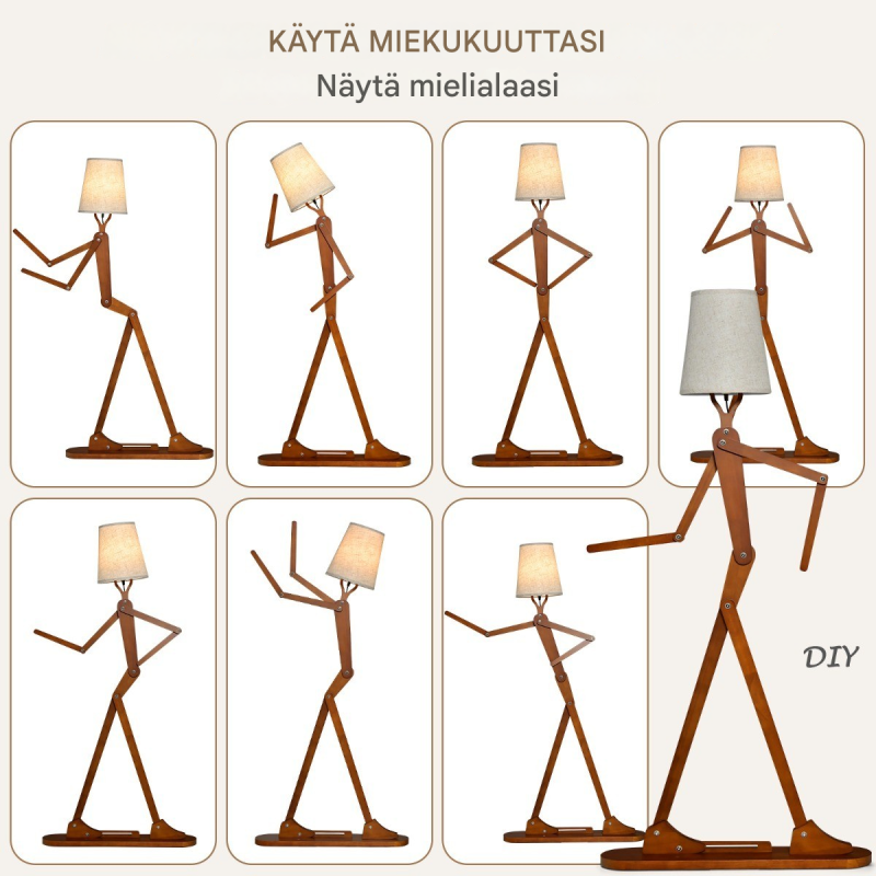 Säädettävä humanoidi lattiavalaisin luonnollisesta kumipuusta