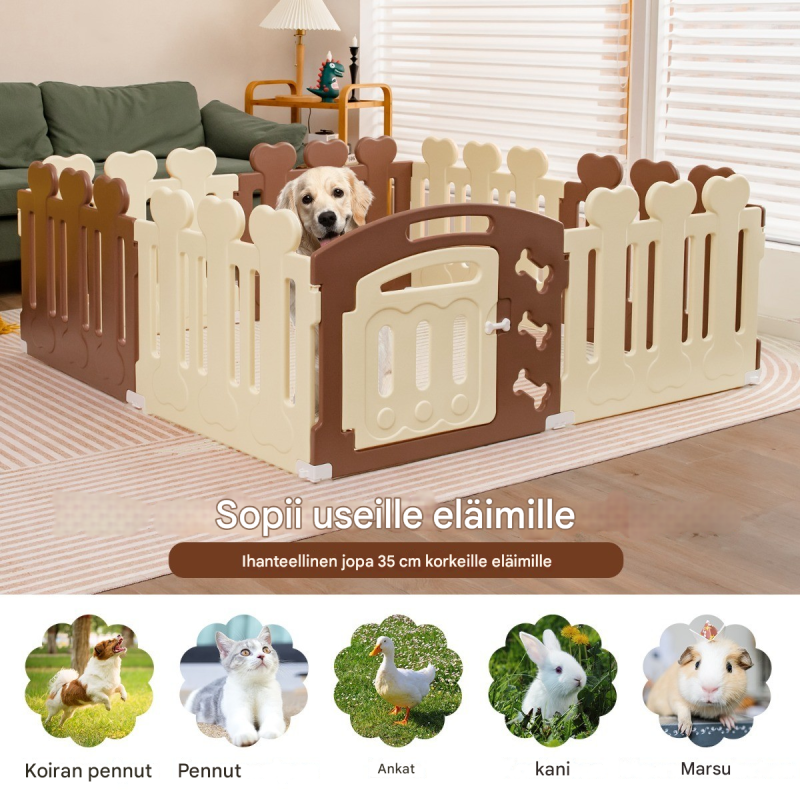 8-paneelinen beige lemmikkiaitaus pienille lemmikeille ulko- ja sisäkäyttöön