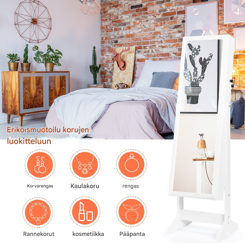 Valkoinen 2-in-1 korukaappi peilillä ja säilytystilalla