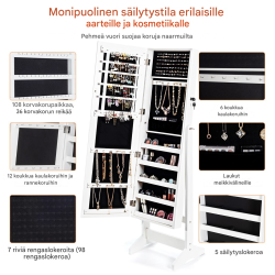 Valkoinen 2-in-1 korukaappi peilillä ja säilytystilalla