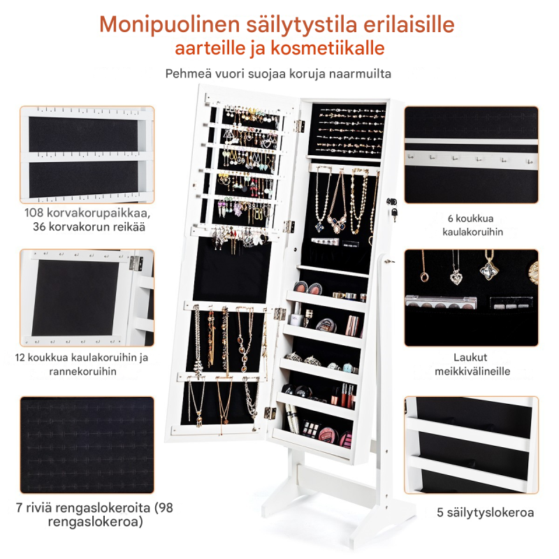 Valkoinen 2-in-1 korukaappi peilillä ja säilytystilalla