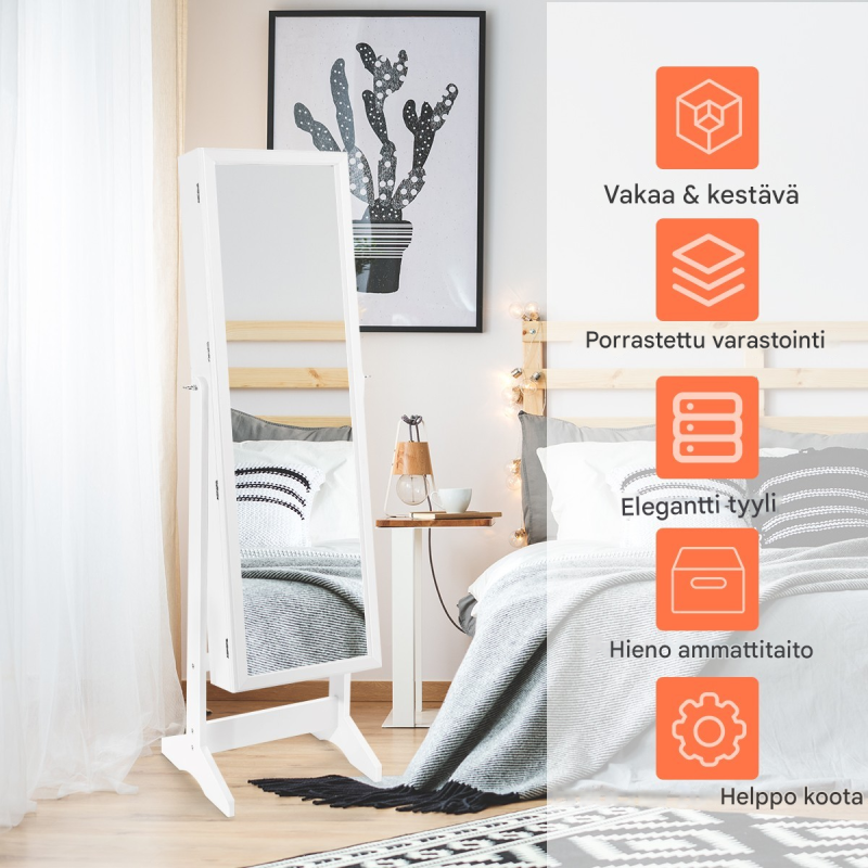 Valkoinen 2-in-1 korukaappi peilillä ja säilytystilalla