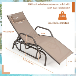 Keinutoiminnolla varustettu ruskea puutarhatuoli säädettävällä selkänojalla