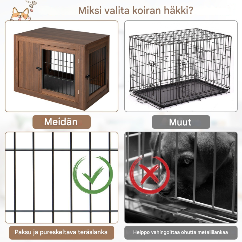 Monikäyttöinen ruskea koiranhäkki ja sivupöytä pestävällä pedillä