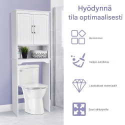 Valkoinen kylpyhuonekaappi säädettävällä hyllyllä ja kaksoisovilla Valkoinen kylpyhuonekaappi säädettävällä hyllyllä ja kaksoisovilla