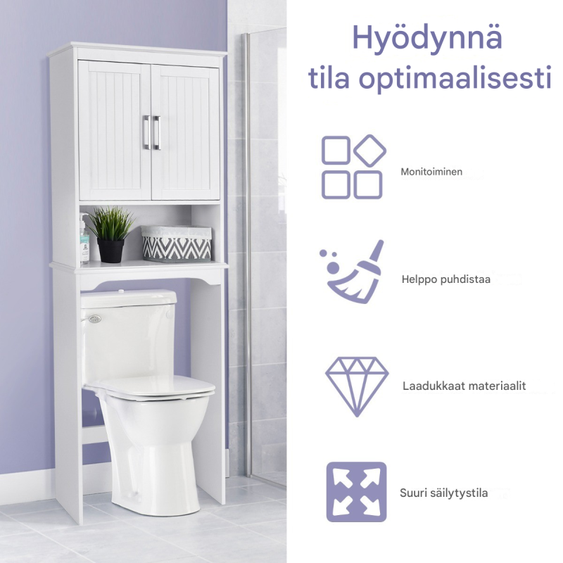 Valkoinen kylpyhuonekaappi säädettävällä hyllyllä ja kaksoisovilla Valkoinen kylpyhuonekaappi säädettävällä hyllyllä ja kaksoisovilla