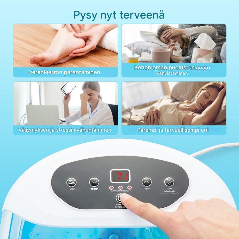 Sininen jalkahierontalaite pedikyyri-kivellä ja automaattisella sammutuksella