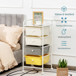Monikäyttöinen neljän laatikon säilytysvaunu, läpinäkyvä, metallirunko