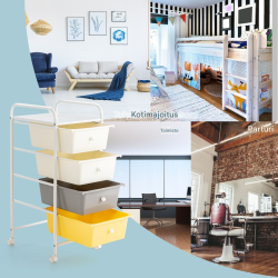 Keltainen nelitasoinen rullakärry irrotettavilla laatikoilla