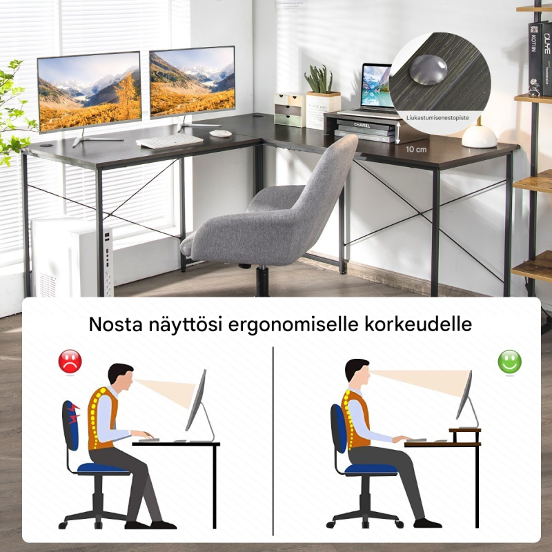 Käännettävä kulmatyöpöytä ja kirjoituspöytä näyttötelineellä harmaa