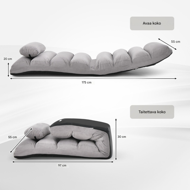 Harmaa säädettävä lattiasohva teräsrungolla ja pehmusteilla Harmaa säädettävä lattiasohva teräsrungolla ja pehmusteilla