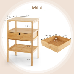 Kolmitasoinen bambuyöpöytä laatikolla ja hyllyillä, luonnonväri