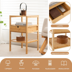 Kolmitasoinen bambuyöpöytä laatikolla ja hyllyillä, luonnonväri