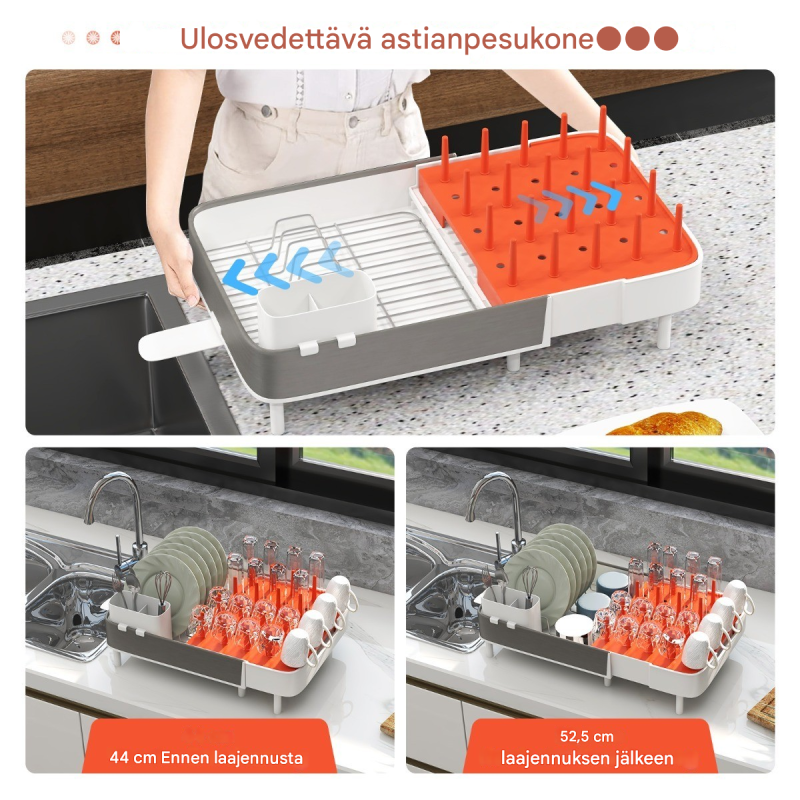 Säädettävä valkoinen astiateline irrotettavalla aterintelineellä