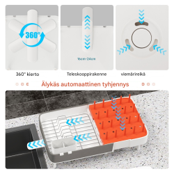 Säädettävä valkoinen astiateline irrotettavalla aterintelineellä