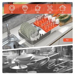 Säädettävä valkoinen astiateline irrotettavalla aterintelineellä
