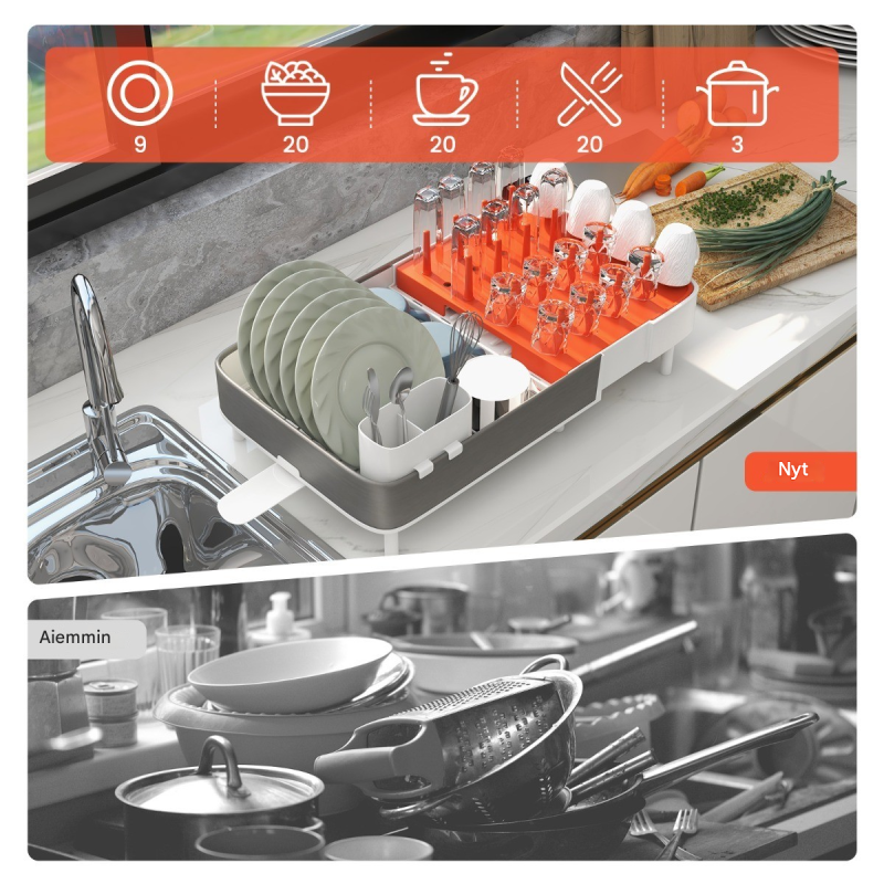 Säädettävä valkoinen astiateline irrotettavalla aterintelineellä