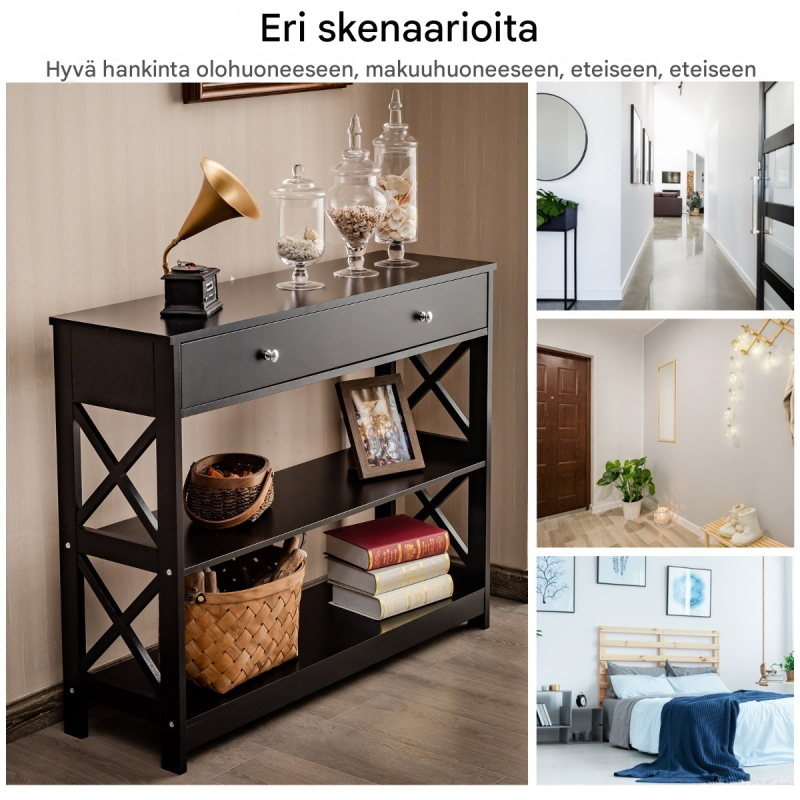 Kolmitasoinen musta puinen konsolipöytä laatikolla ja hyllyillä