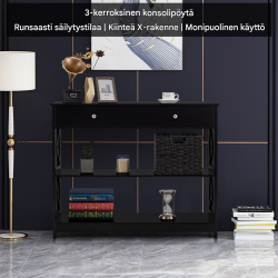 Kolmitasoinen musta puinen konsolipöytä laatikolla ja hyllyillä
