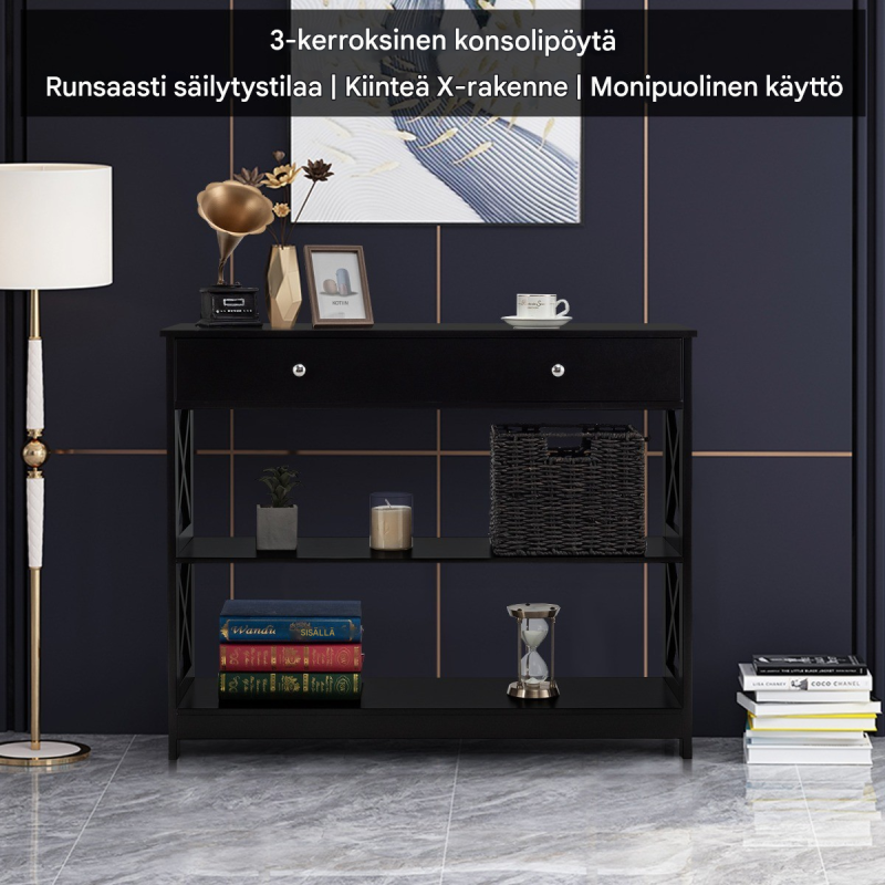 Kolmitasoinen musta puinen konsolipöytä laatikolla ja hyllyillä