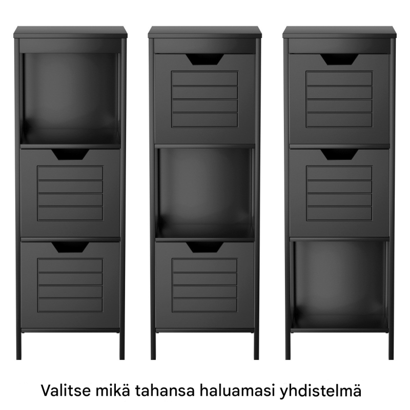 Musta puinen kylpyhuonekaappi kahdella laatikolla
