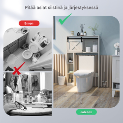 Valkoinen puinen kylpyhuonekaappi liukuovella ja säilytystilalla Valkoinen puinen kylpyhuonekaappi liukuovella ja säilytystilalla