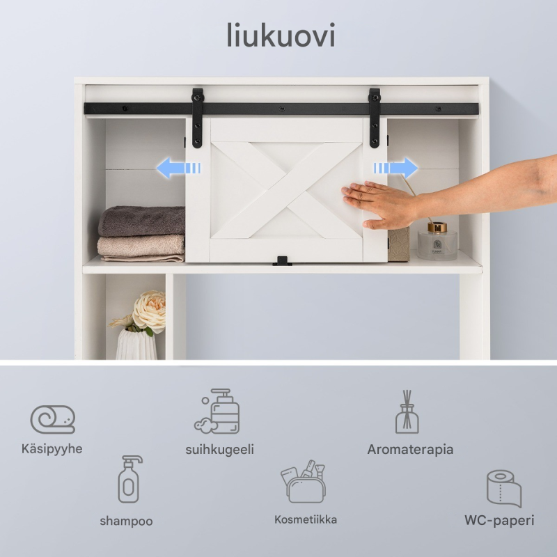 Valkoinen puinen kylpyhuonekaappi liukuovella ja säilytystilalla Valkoinen puinen kylpyhuonekaappi liukuovella ja säilytystilalla
