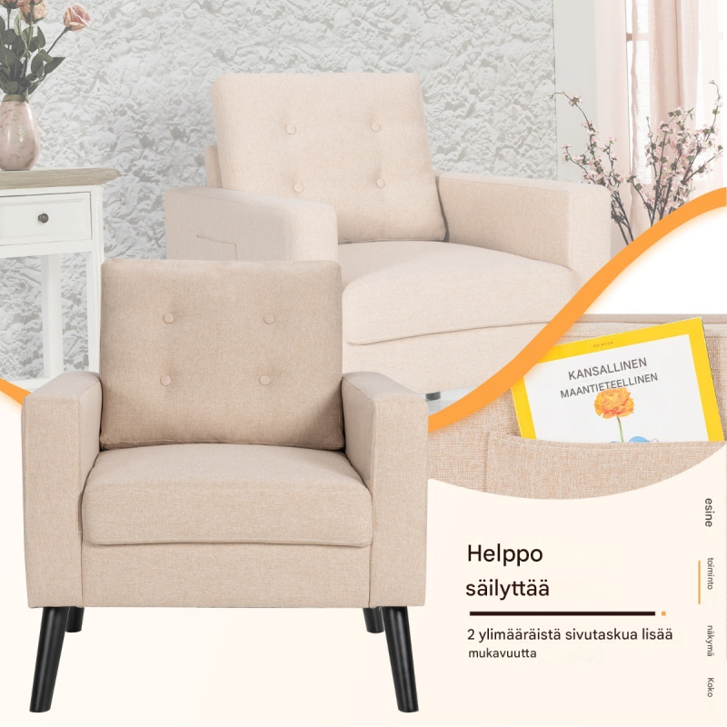 Beige mukava nojatuoli sivutaskuilla ja ergonomisella muotoilulla