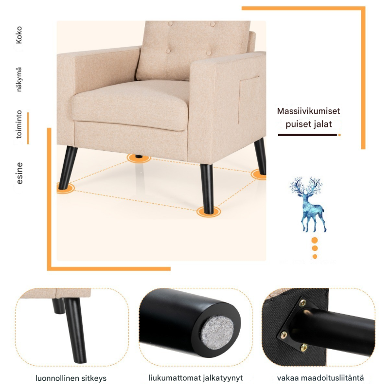 Beige mukava nojatuoli sivutaskuilla ja ergonomisella muotoilulla