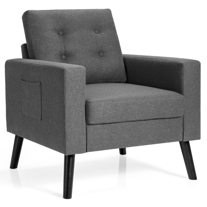 Harmaa lepotuoli sivutaskuilla ja ergonomisilla käsinojilla