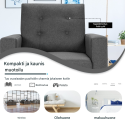 Harmaa lepotuoli sivutaskuilla ja ergonomisilla käsinojilla