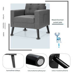 Harmaa lepotuoli sivutaskuilla ja ergonomisilla käsinojilla