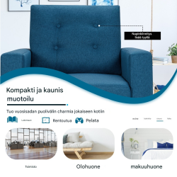 Sininen lepotuoli sivutaskuilla ja ergonomisella muotoilulla