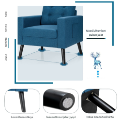 Sininen lepotuoli sivutaskuilla ja ergonomisella muotoilulla